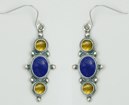 Sterling Silver Drop Dangle Earrings With Lapis Lazuli And Citrine